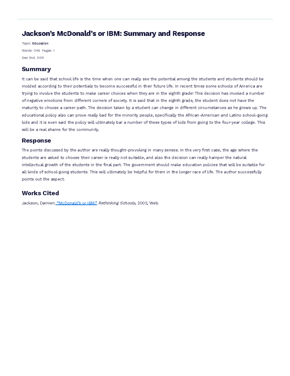Jackson's Mc Donald's or IBM Summary and Response Free Essay Example