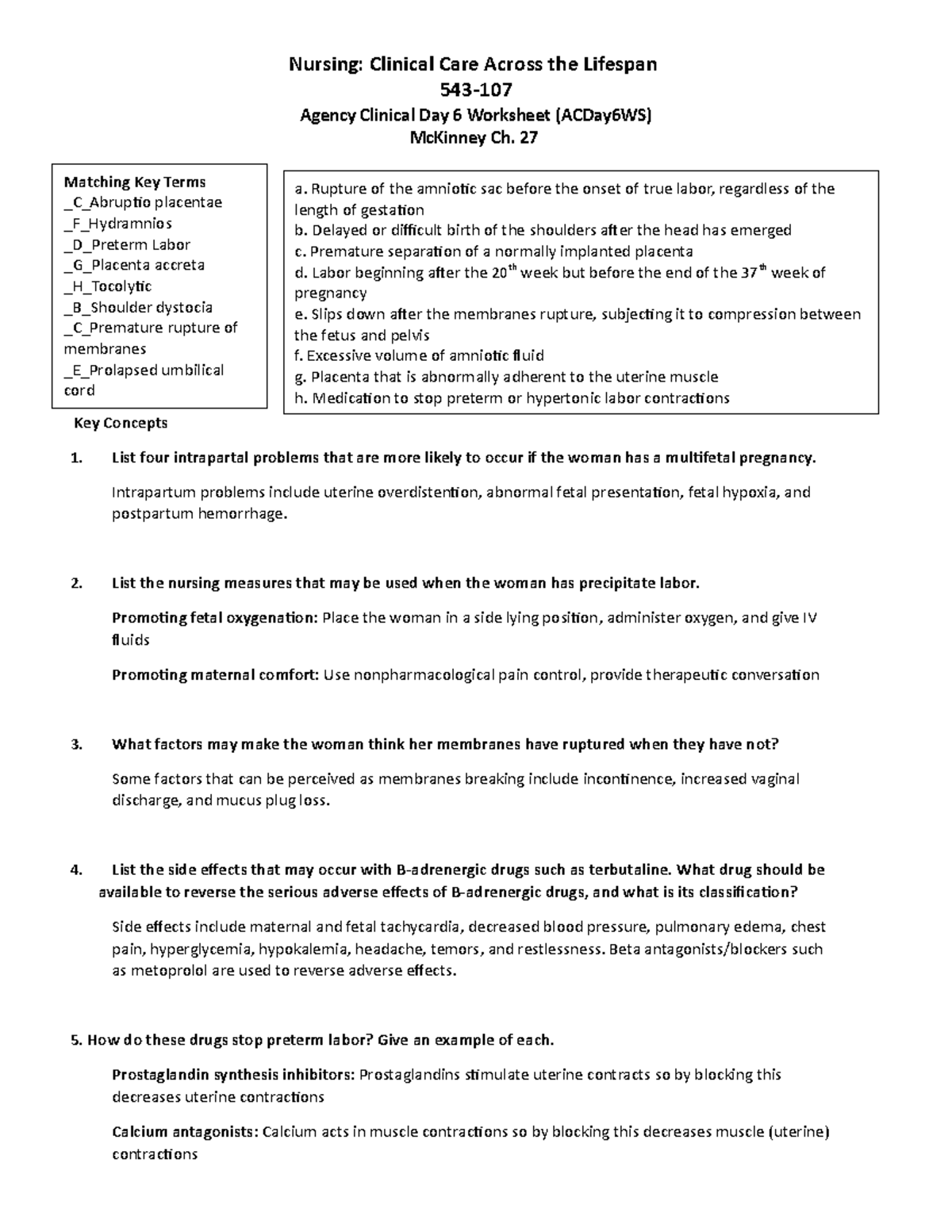 Wrksht 6 Preterm Labor C - Nursing: Clinical Care Across The Lifespan ...