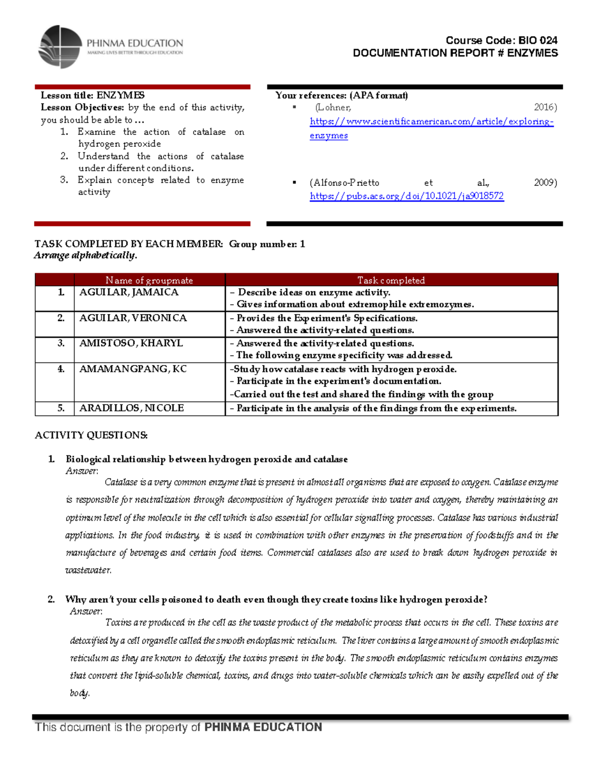 BIO 024 Group 1 - LAS 4 EXPT 5 Enzymes - DOCUMENTATION REPORT # ENZYMES ...