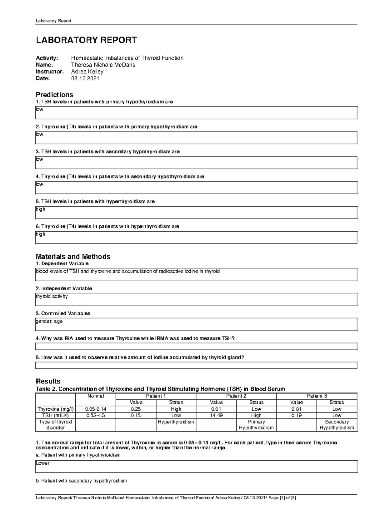 Pp lab report thyroid 886853 - Laboratory Report LABORATORY REPORT ...