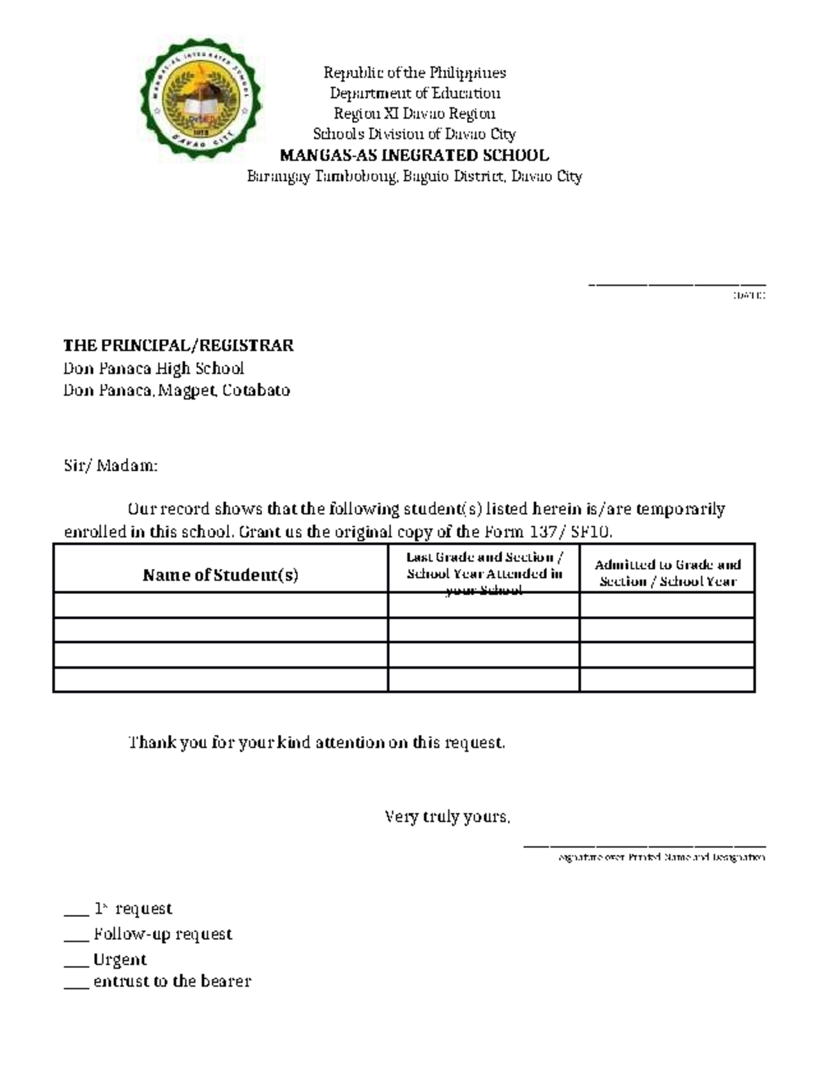 Form 137 Request Letter Rey Ann C. Pandian - Republic Of The 