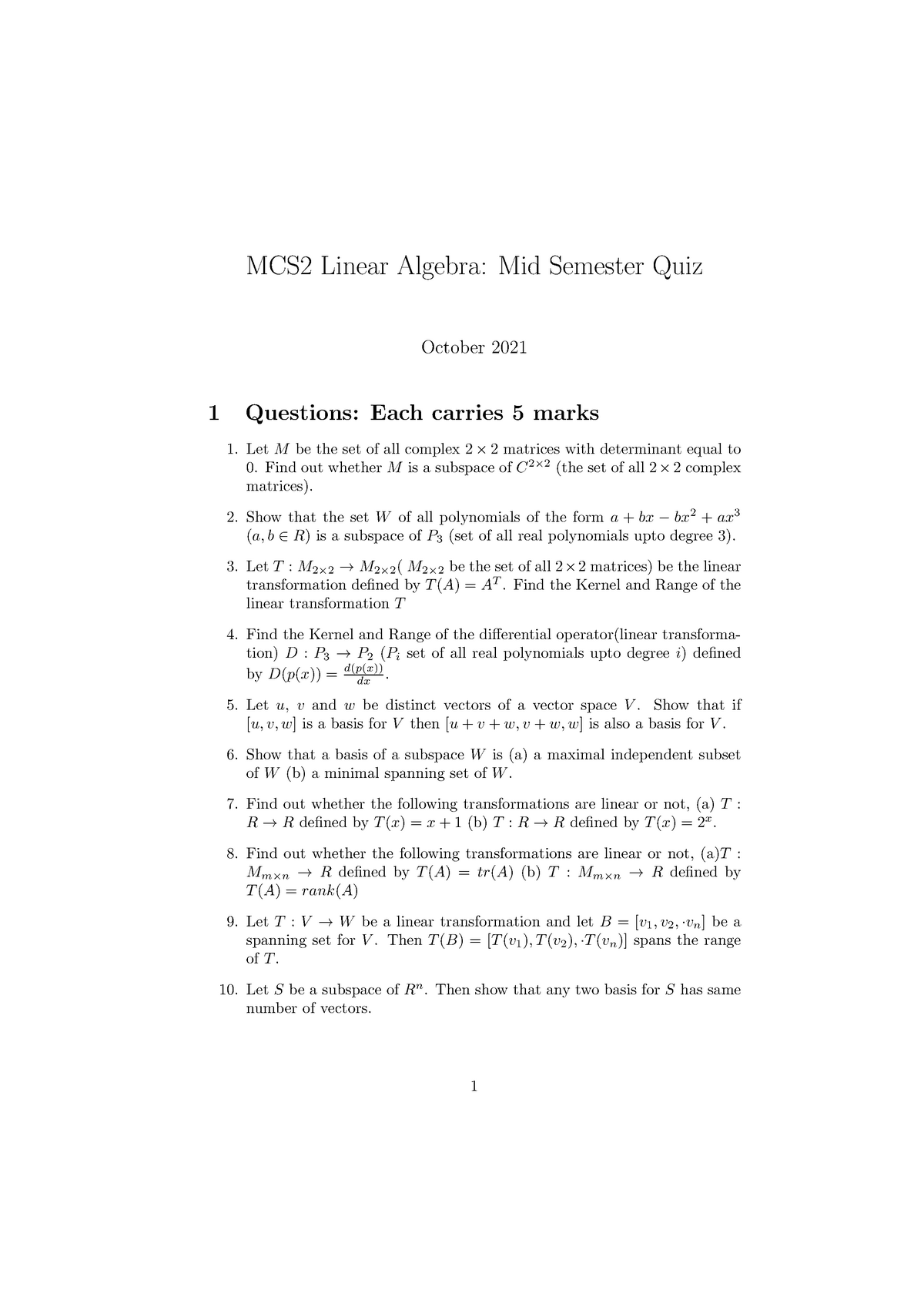 MCS2 Linear Algebra Question Paper - Studocu