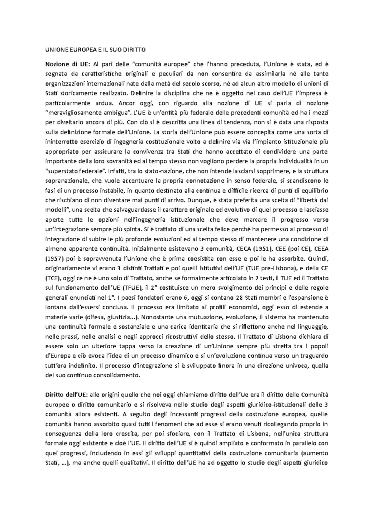 Lineamenti di diritto dell'Unione Europea UNIONE