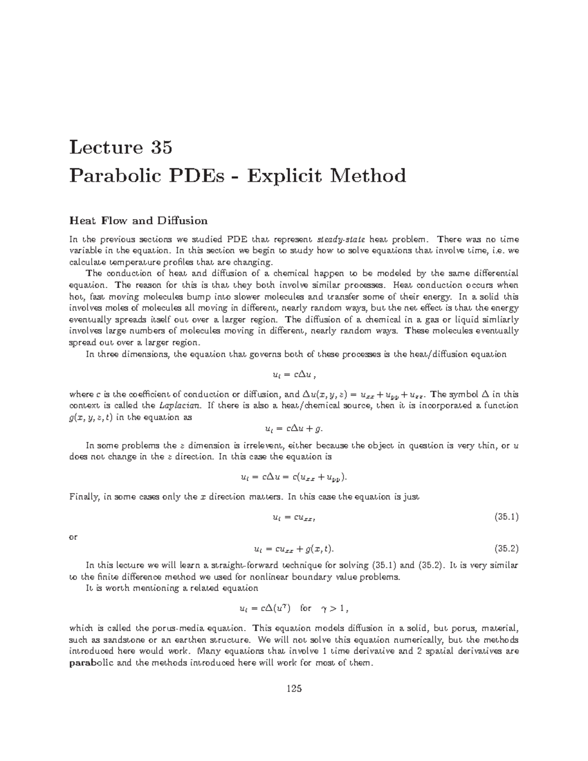 Lecture Notes, Lecture 35-39 - Lecture 35 Parabolic PDEs Explicit ...