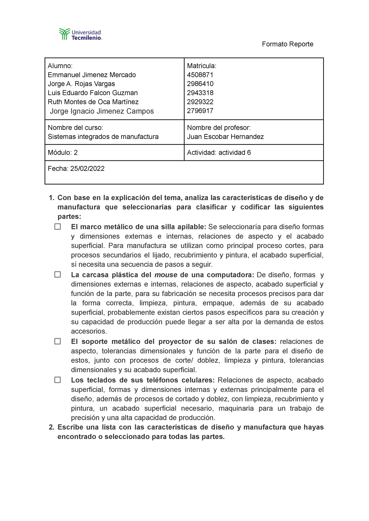 Actividad 6 Sistemas Integrados de Manufactura Sexto Semestre - Formato ...