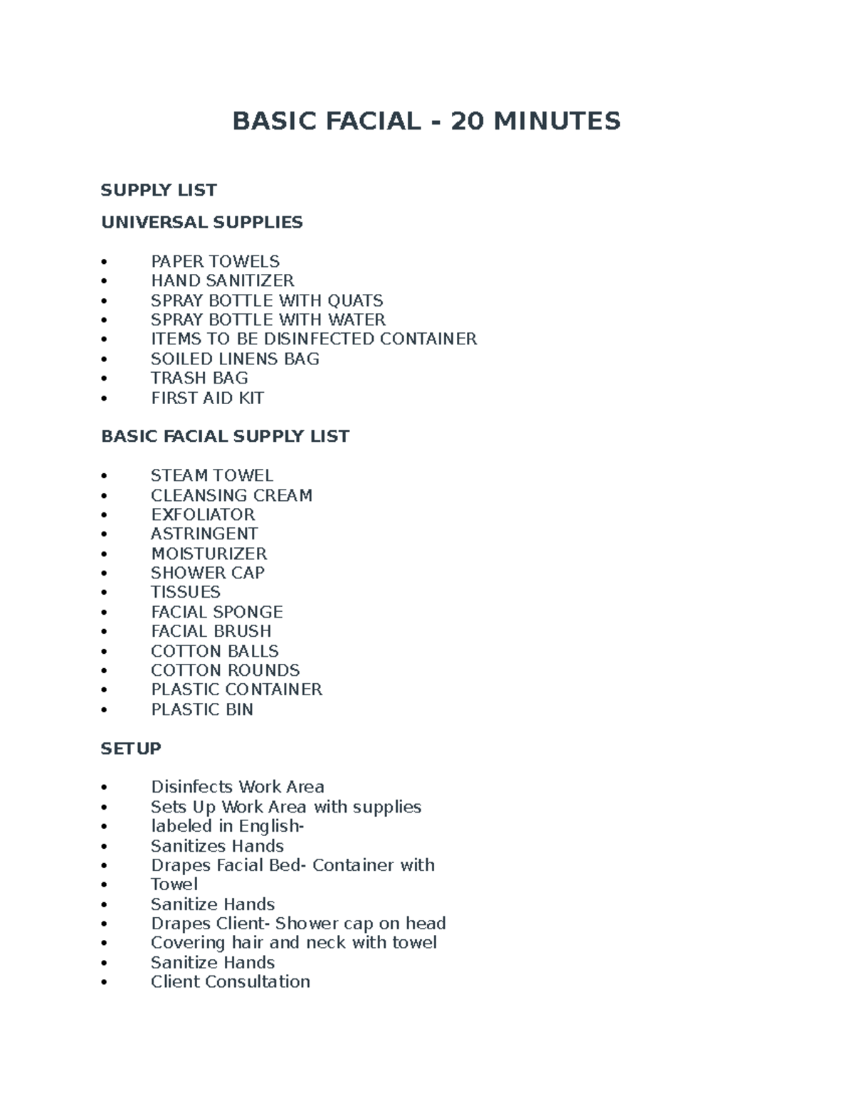 Basic Facial Supply List and Steps for State board BASIC FACIAL 20
