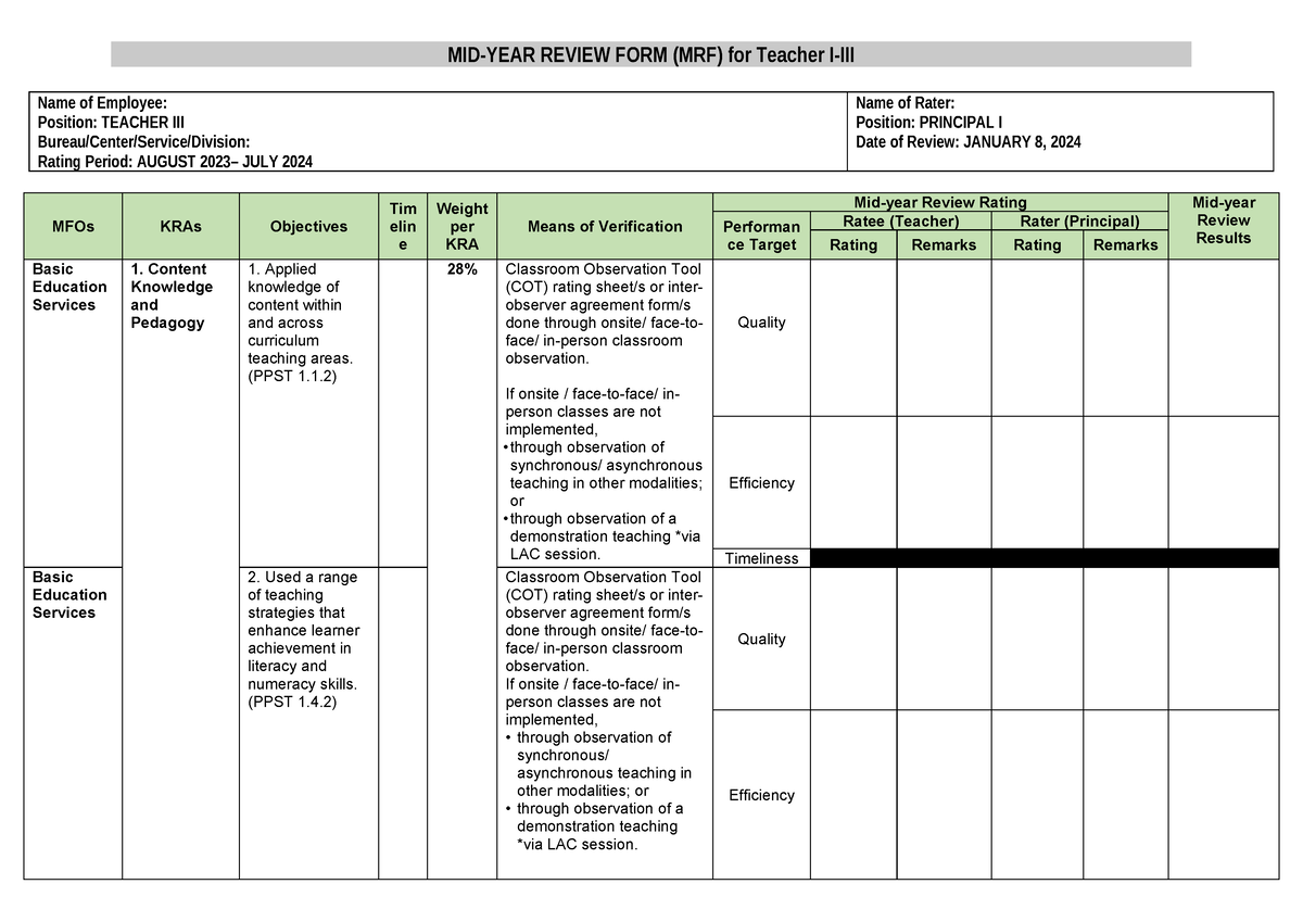 Mid Year Review Form 2023 2024 MIDYEAR REVIEW FORM (MRF) for Teacher