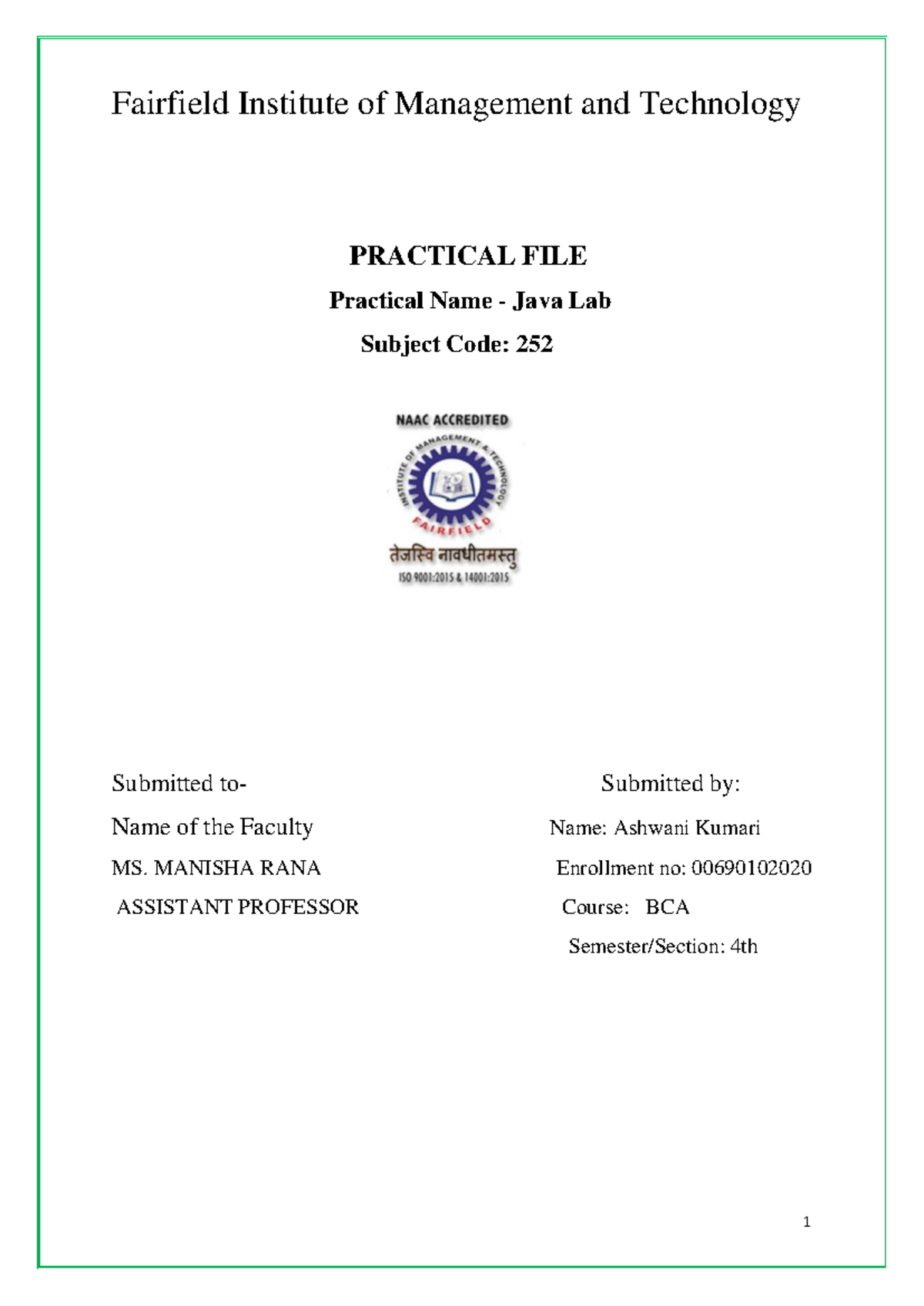 java lab file of subject java - Fairfield Institute of Management and ...