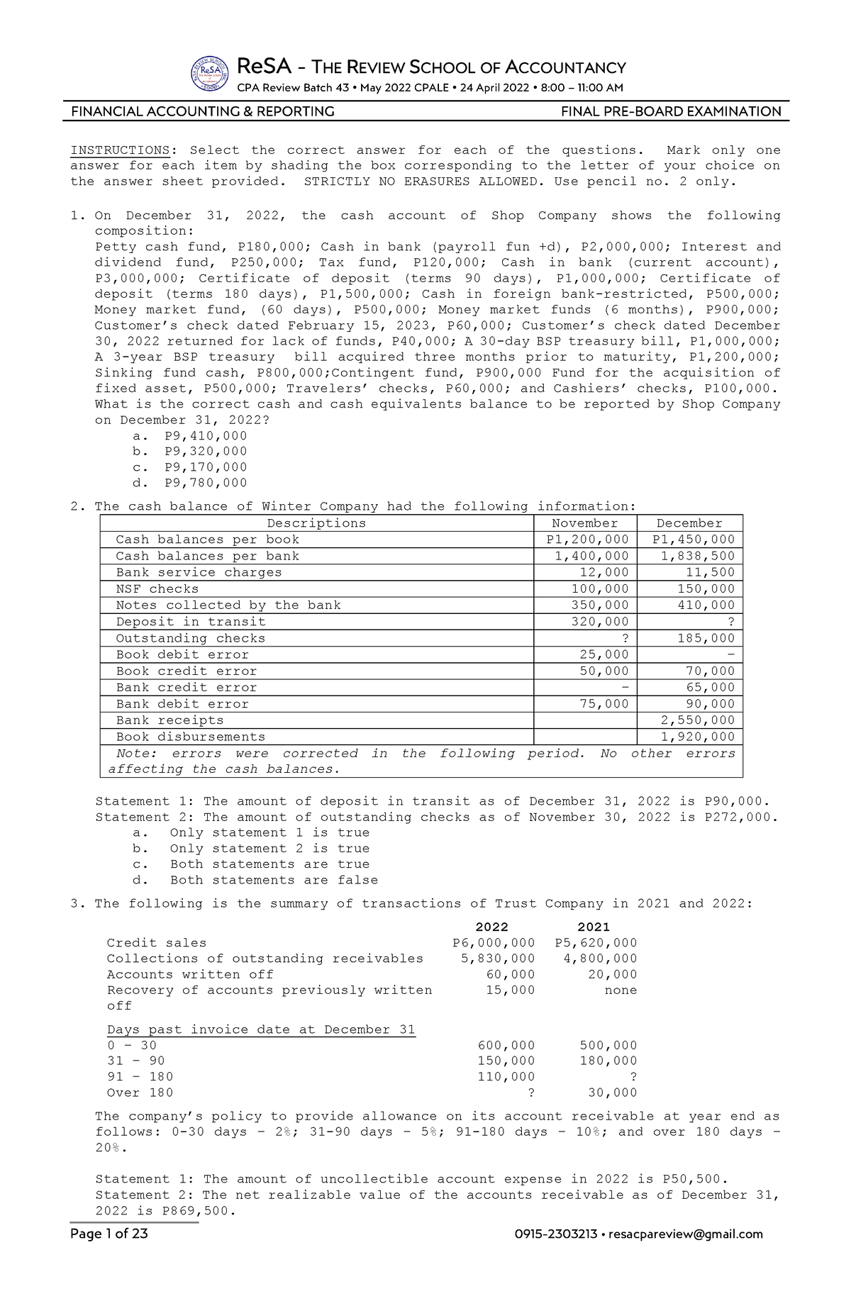 Re SA-B43-FAR-Final-PB-Exam-Questions-Answers-Solutions - ReSA - THE ...