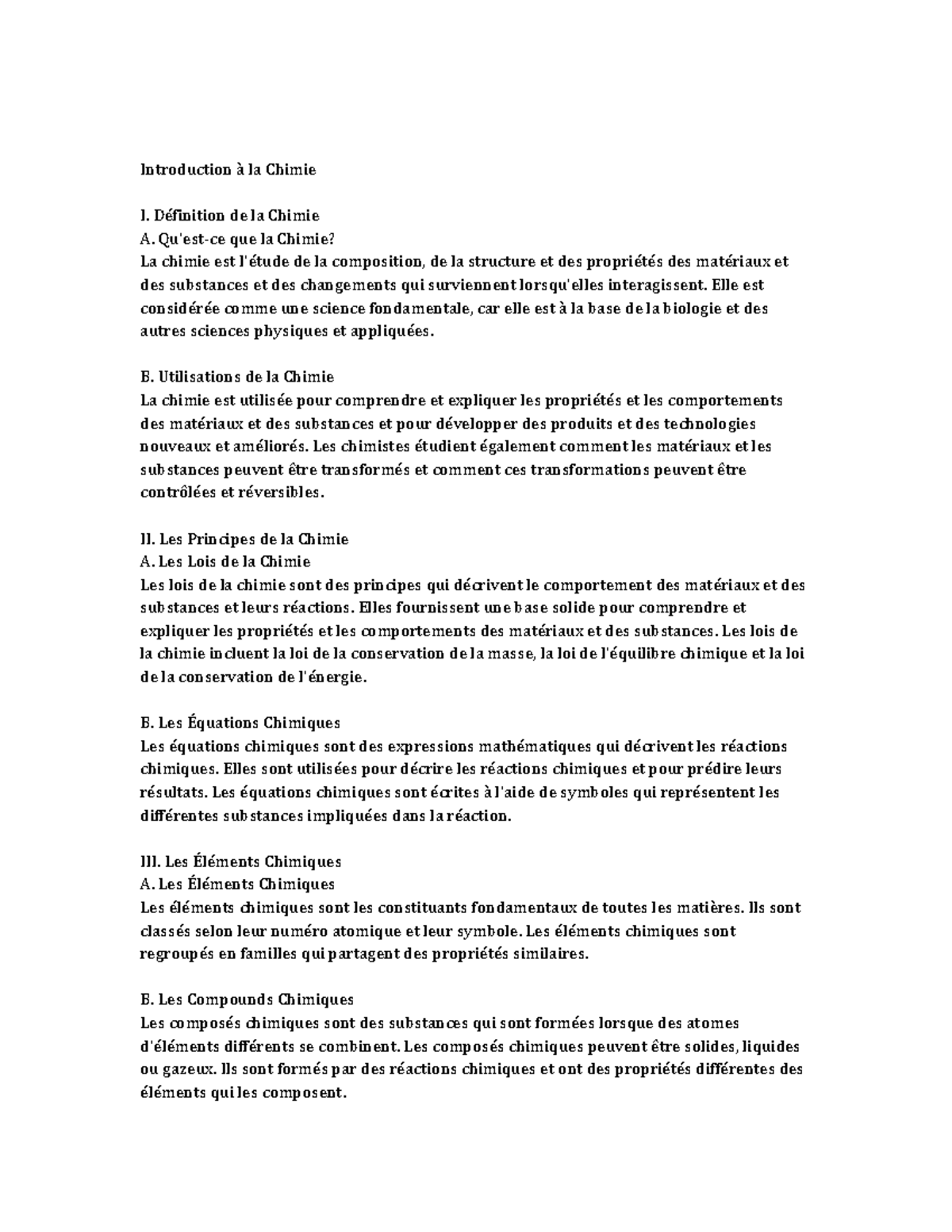 Chemistry lecture notes Introduction à la Chimie I. Définition de la