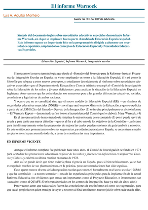 Informe-warnock - Inclusión educativa - El informe Warnock Luis A. Aguilar  Montero Asesor de NEE del - Studocu