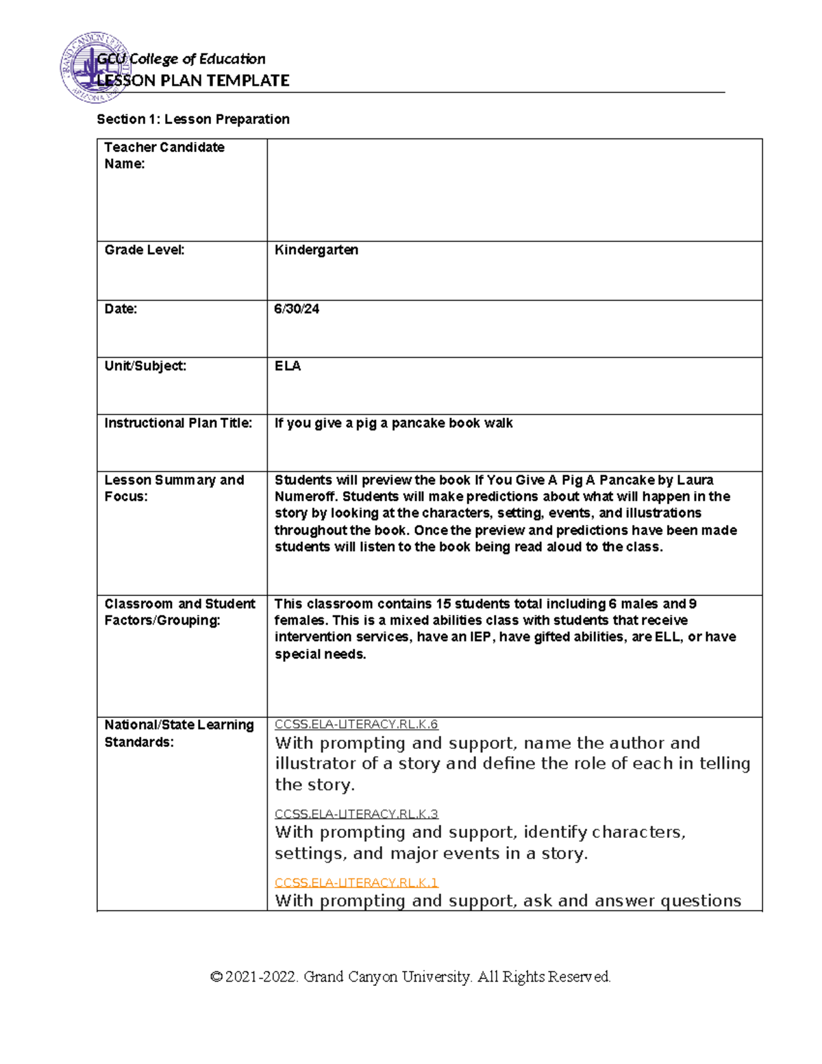 Elm 480 Book Walk Lesson Plan - LESSON PLAN TEMPLATE Section 1: Lesson ...