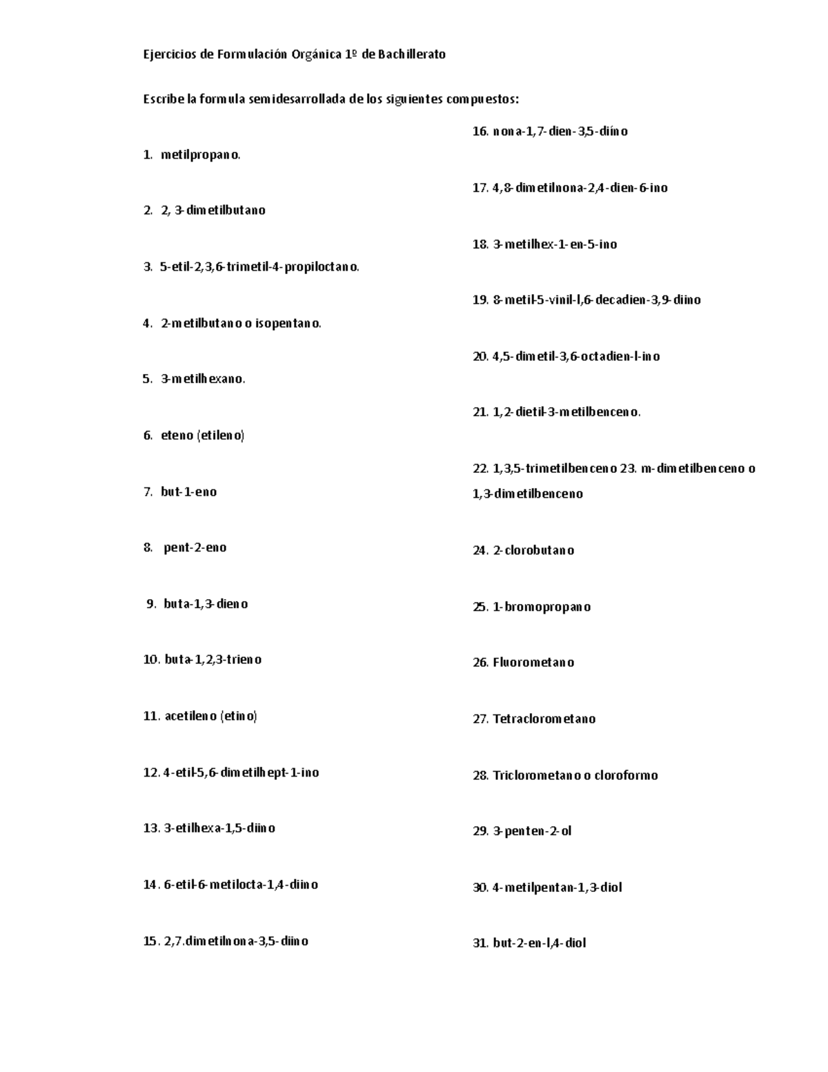 Ejercicios De Formulación Orgánica 1º Bachillerato - Escribe La Formula ...