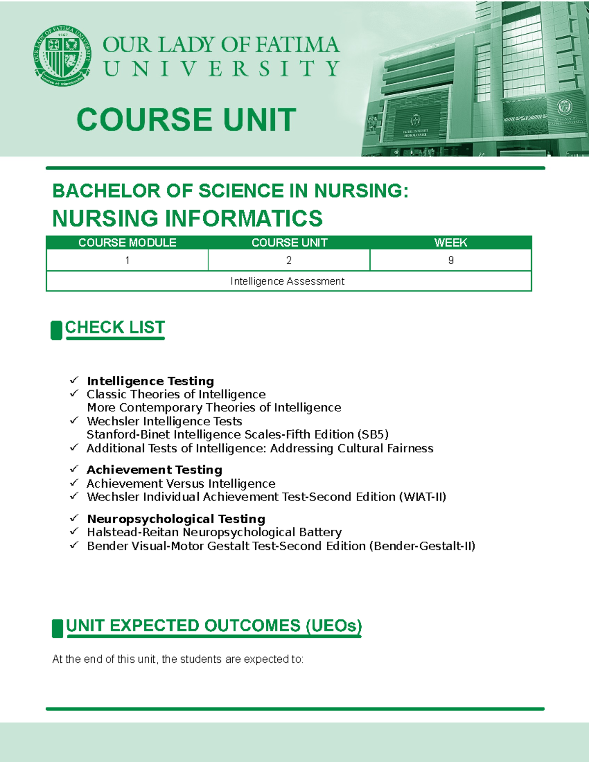 Course Unit Week9 - Jsjsjjs - BACHELOR OF SCIENCE IN NURSING: NURSING ...