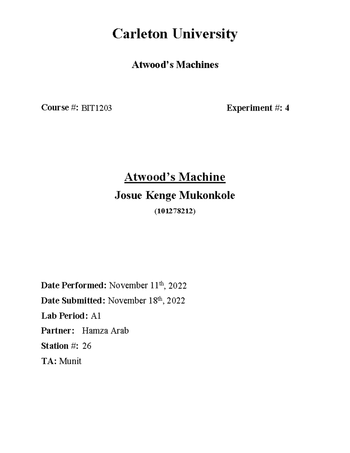 PHY LAB #4 - Atwood's Machine - done - Carleton University Atwood’s ...