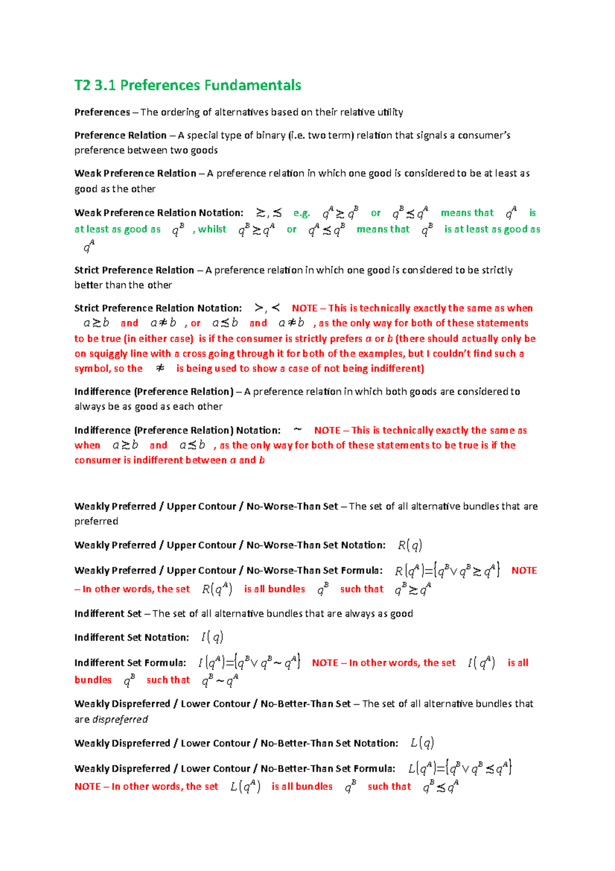 Econ 2001 Term 2 (Topic 3) - T2 3 Preferences Fundamentals Preferences ...