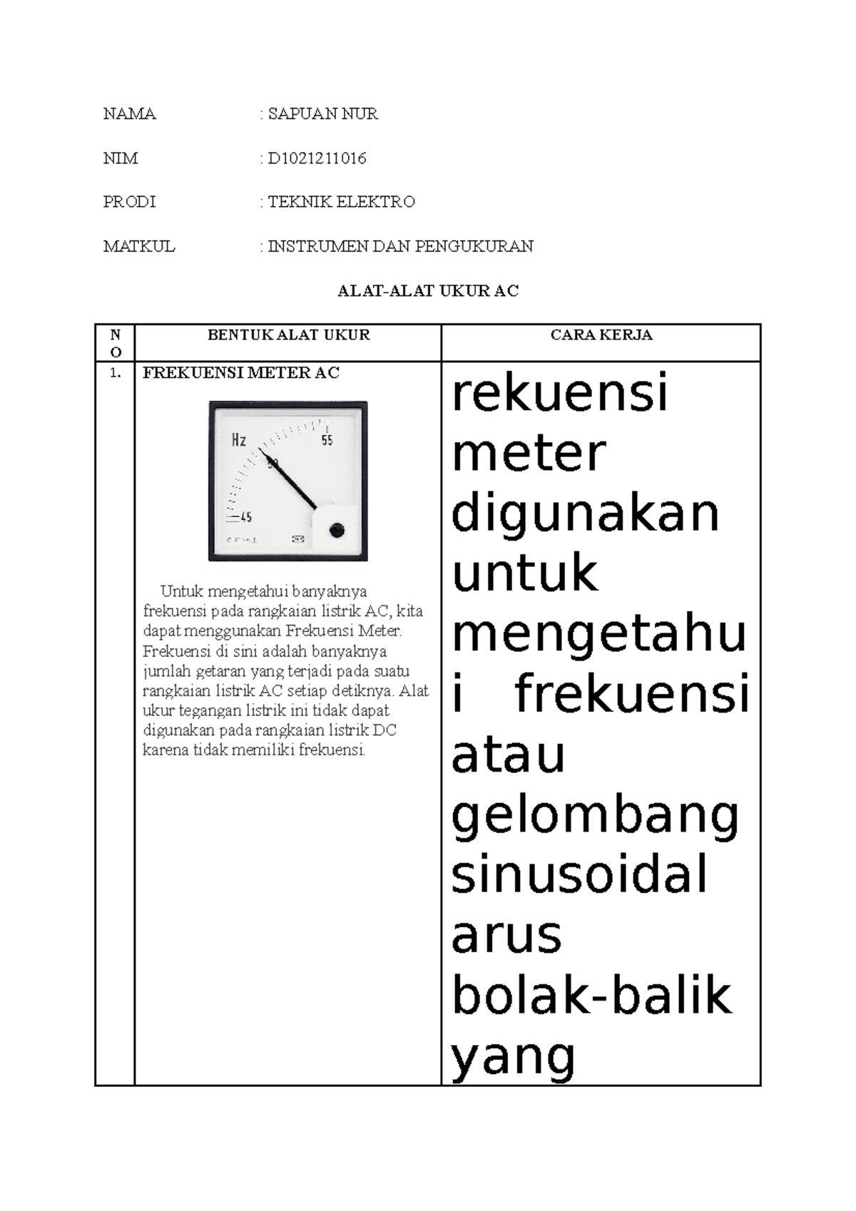 alat pengukur arus ac - NAMA : SAPUAN NUR NIM : D PRODI : TEKNIK ...
