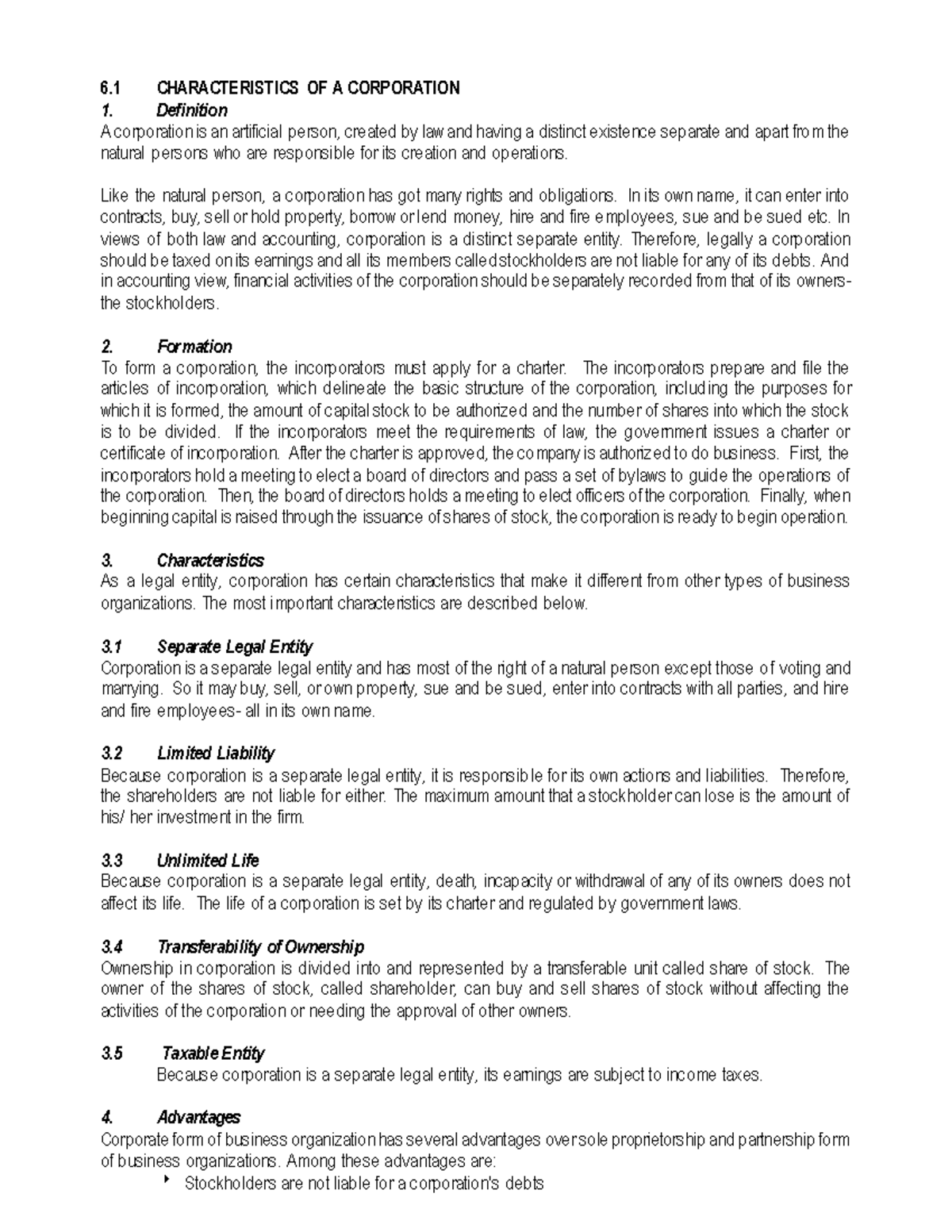 Corporation - short note - 6 CHARACTERISTICS OF A CORPORATION 1 ...