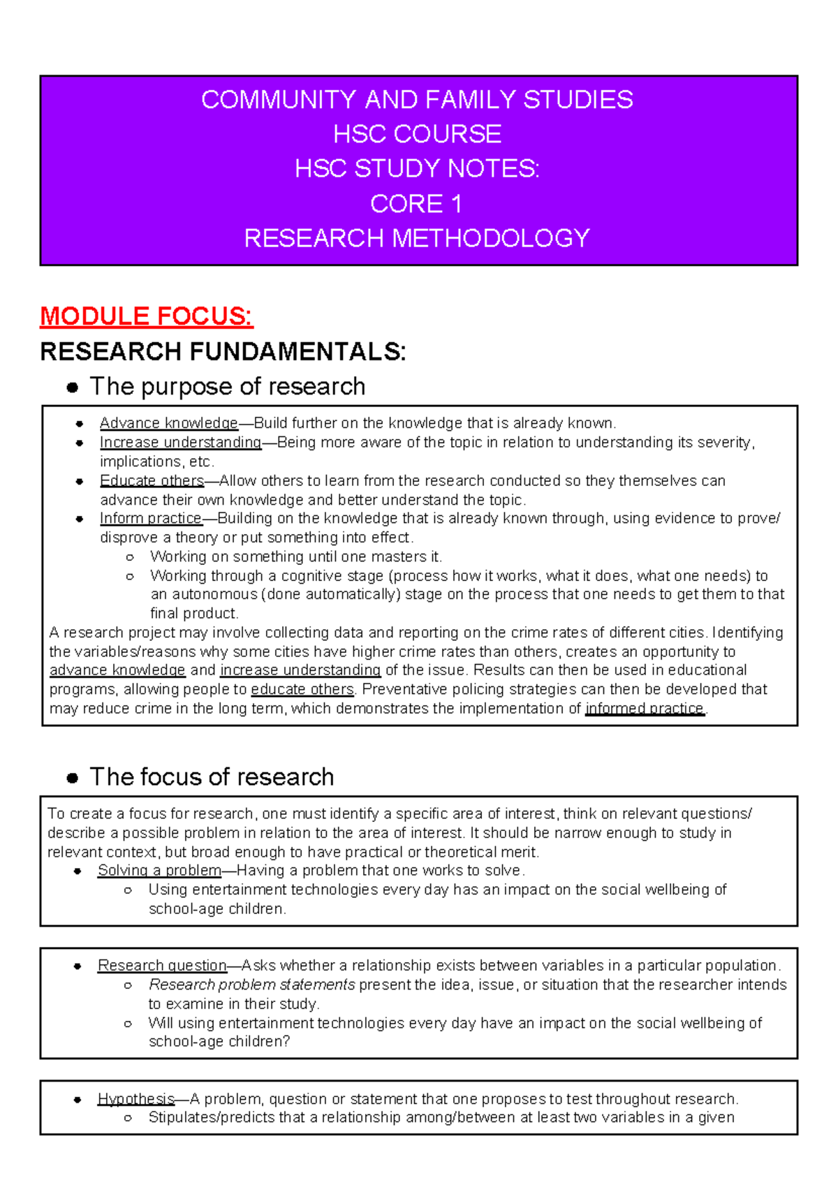 CAFS - HSC Notes Research Methodology (Core One) - COMMUNITY AND FAMILY ...