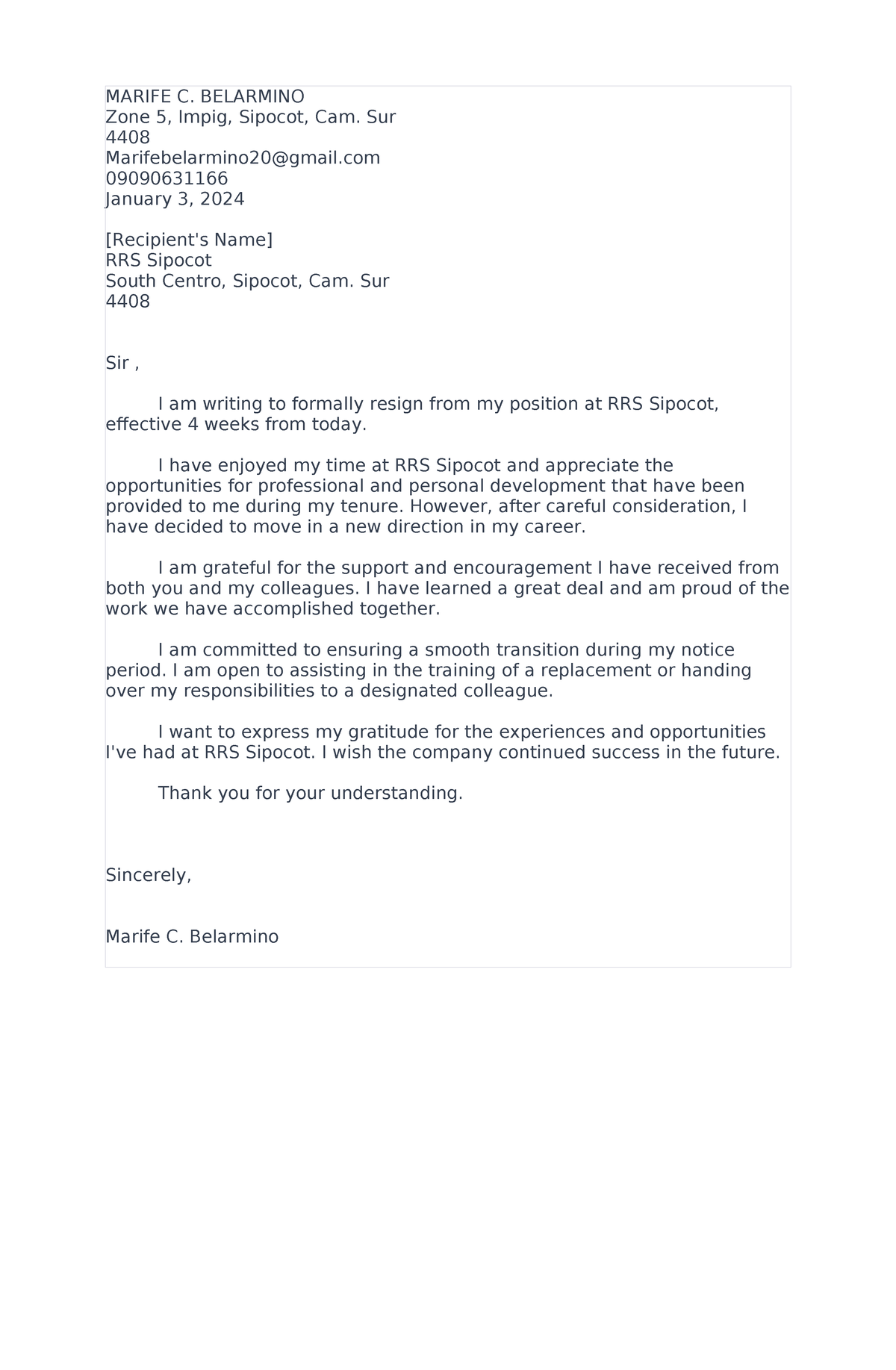 Resignation letter - MARIFE C. BELARMINO Zone 5, Impig, Sipocot, Cam ...