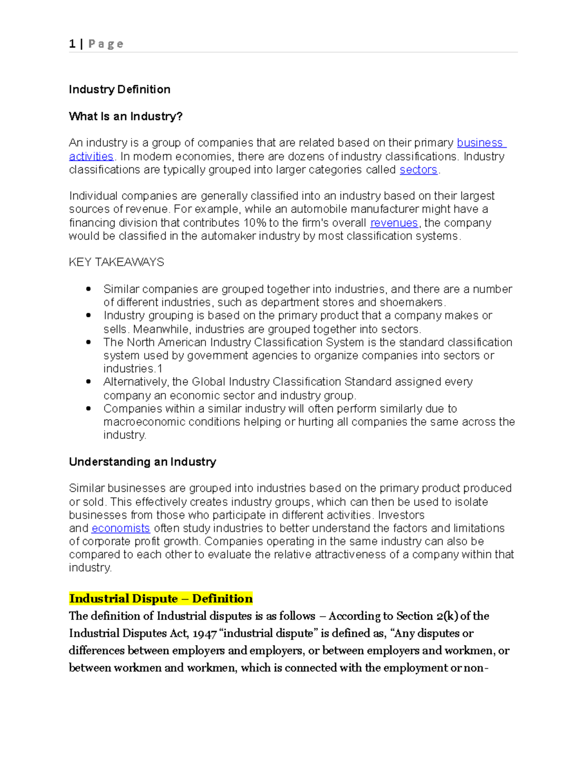 Industry Definition LECTURE NOTES GIVEN BY TEACHERS Page Industry