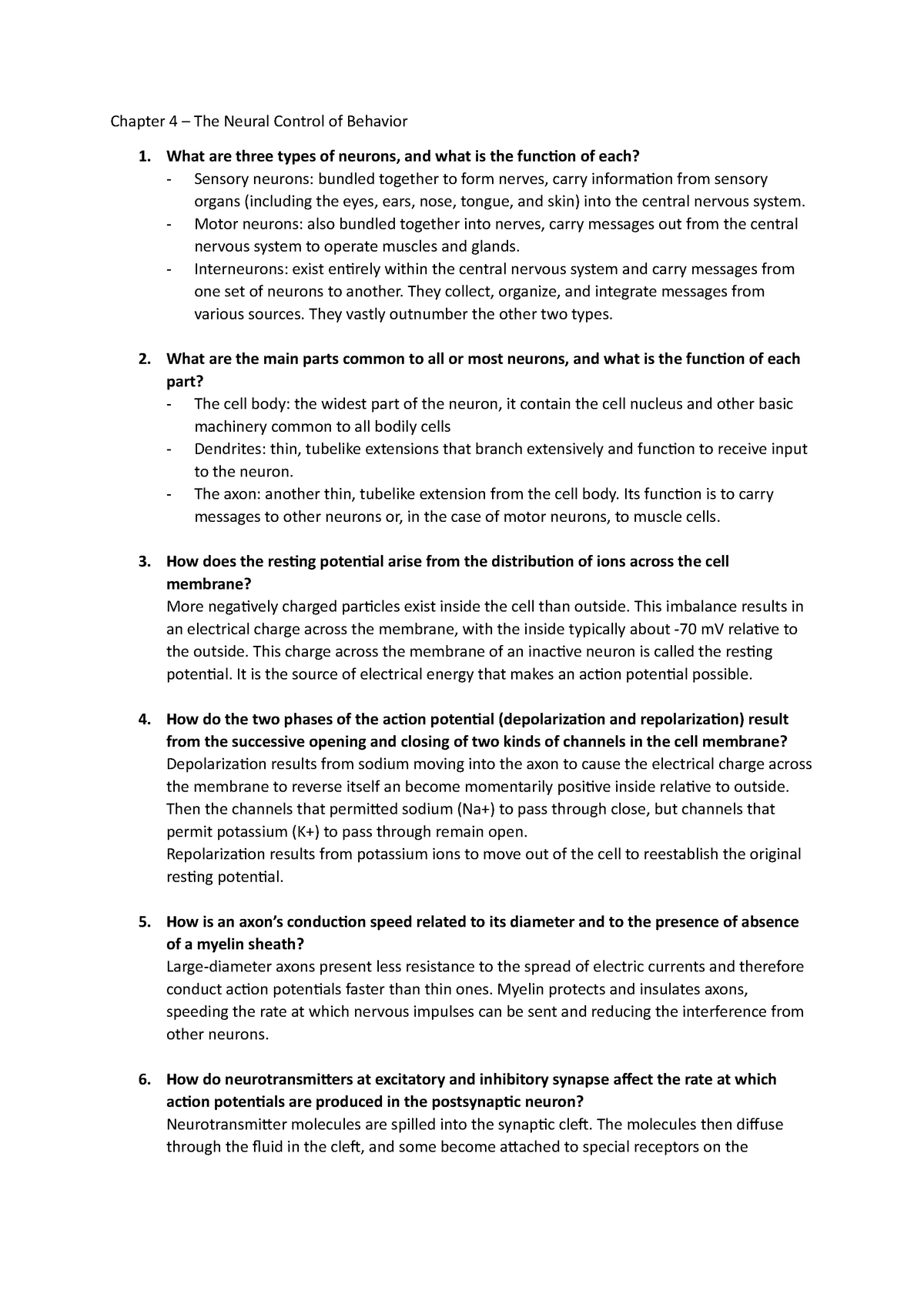 Introduction To Psychology Chapter 4 Focus Questions Chapter 4 The Neural Control Of 4421