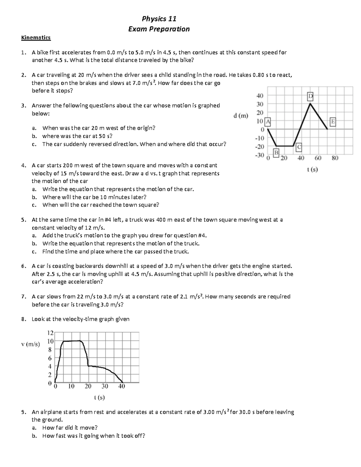 Physics 11 review package - Physics 11 Exam Preparation Kinematics A ...