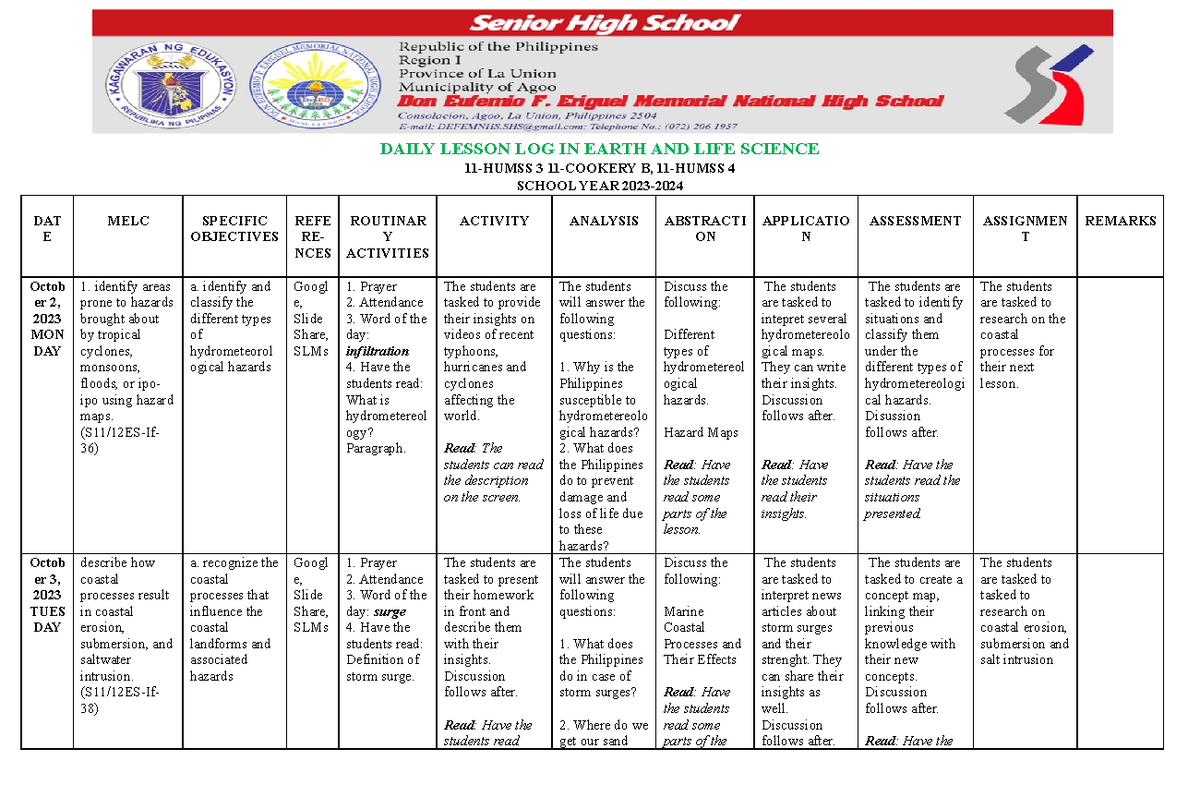 Daily LessonLOGIN EarthANDLIFE Scienceweek8 DAILY LESSON LOG