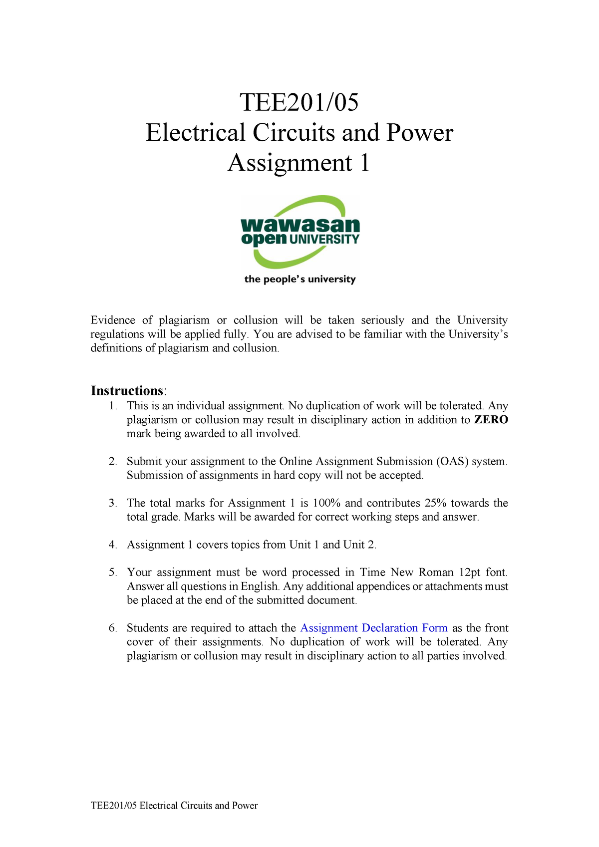 Assignment 1 Electrical Circuits And Power Jan 2022 - TEE201/05 ...