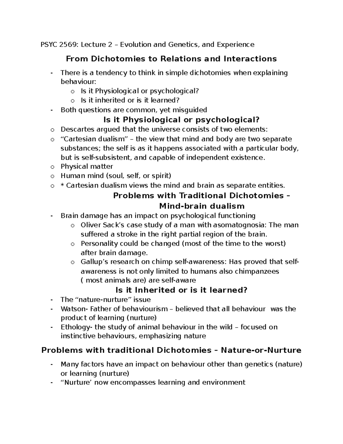 PSYC 2560-Lecture 2 Notes - PSYC 2569: Lecture 2 – Evolution and ...