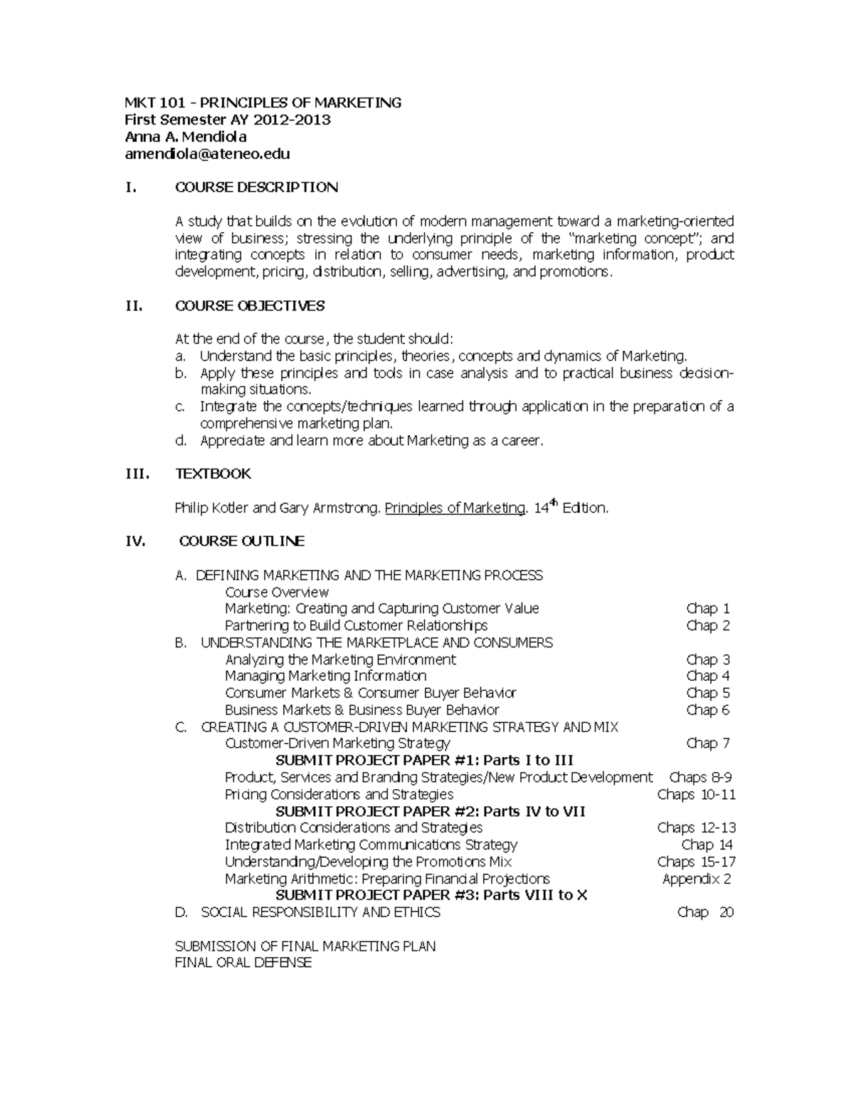 MKT 101 Syllabus - Principles of Marketing - MKT 101 - PRINCIPLES OF ...