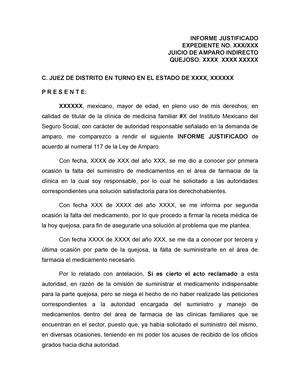 Informe Justificado - INFORME JUSTIFICADO EXPEDIENTE NO. XXX/XXX JUICIO DE  AMPARO INDIRECTO QUEJOSO: - Studocu