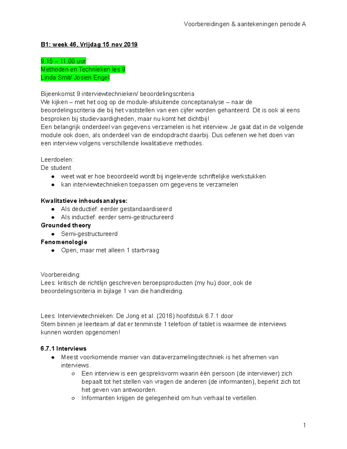 Voorbereiding Samenvatting Periode A (Ad W) - B1: Week 46, Vrijdag 15 ...