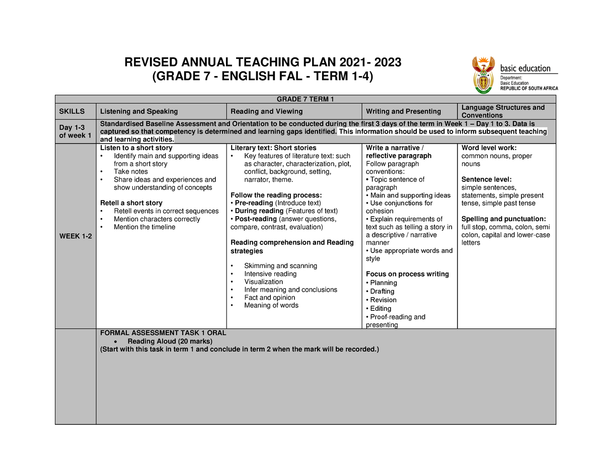 Grade 7 English FAL TERM 14 ATP REVISED ANNUAL TEACHING PLAN 2021