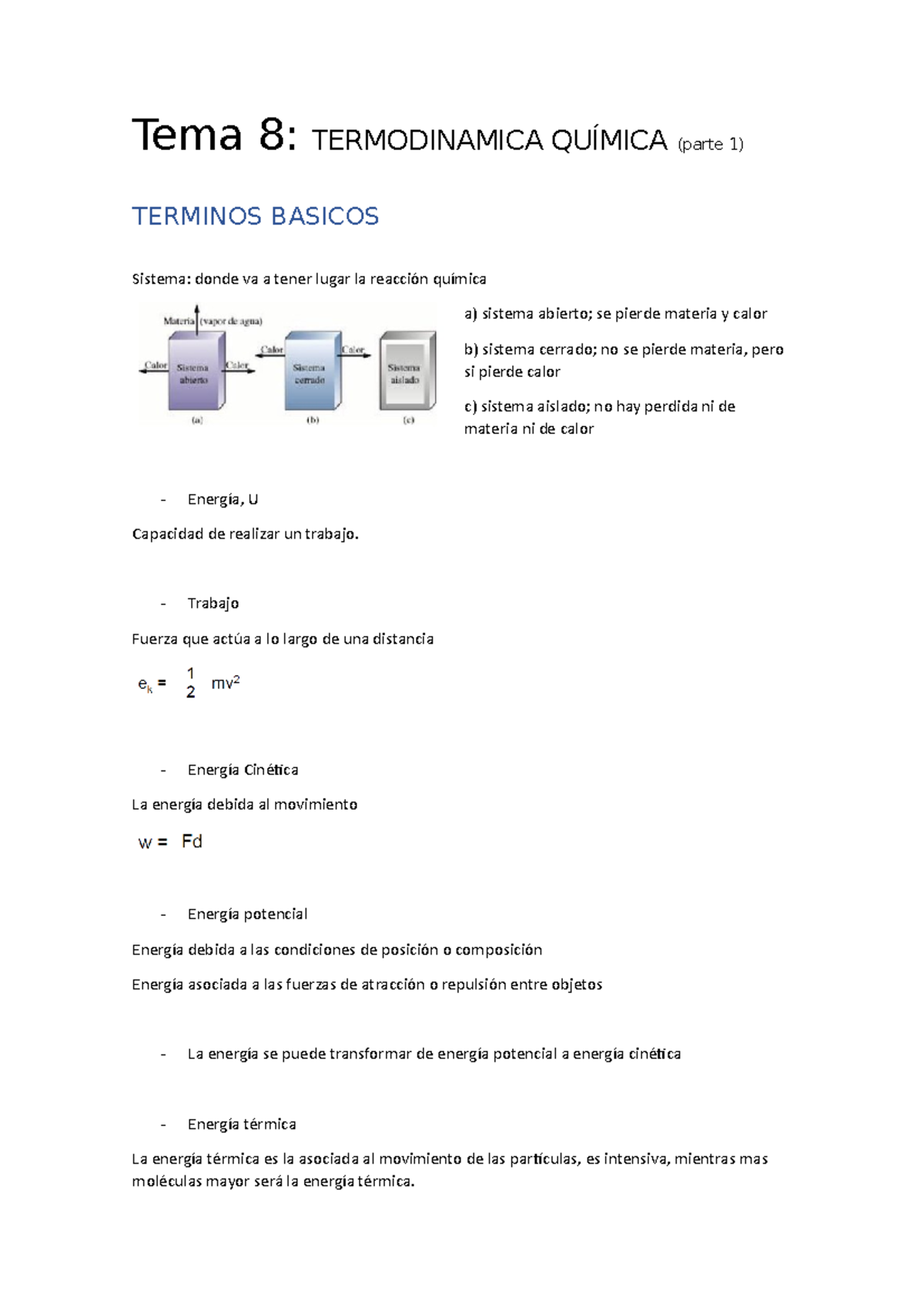 TEMA 8 Termodinamica - Tema 8: TERMODINAMICA QUÍMICA (parte 1) TERMINOS ...