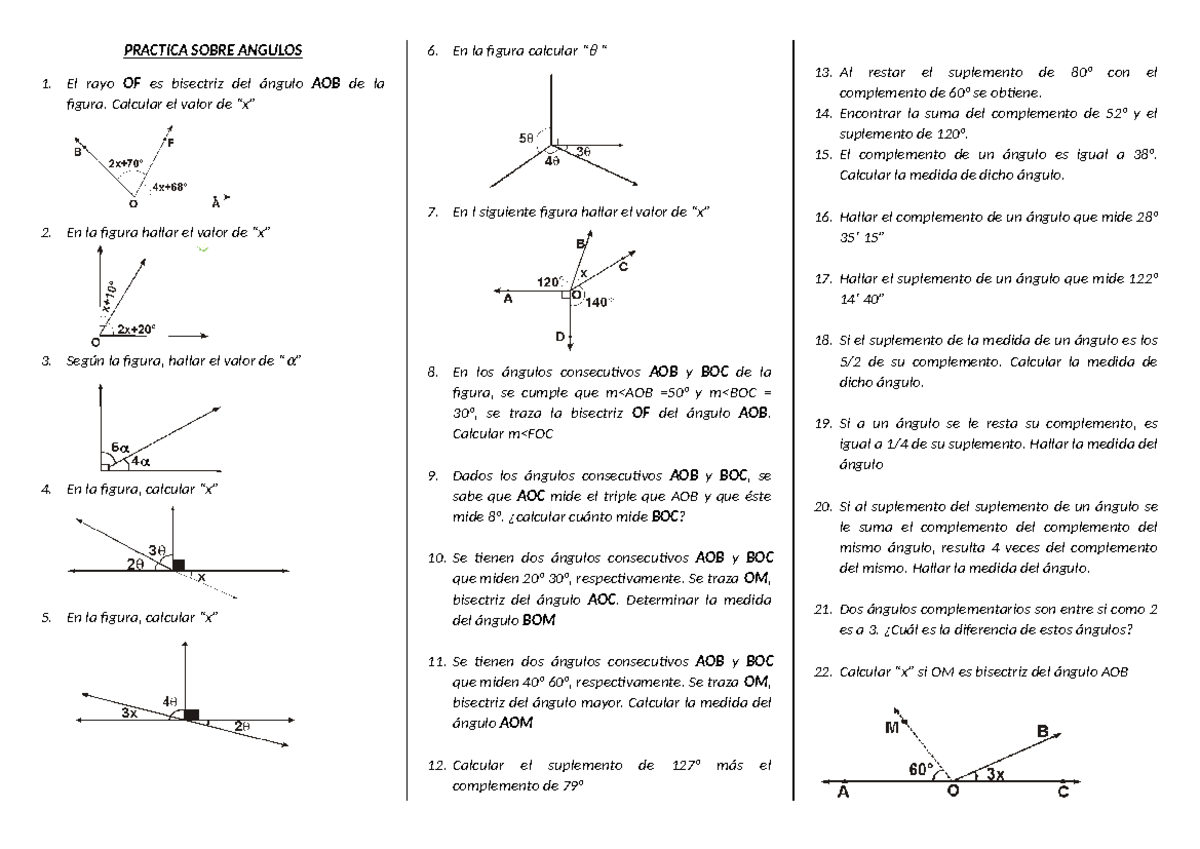Practica Sobre Angulos - PRACTICA SOBRE ANGULOS El rayo OF es bisectriz ...