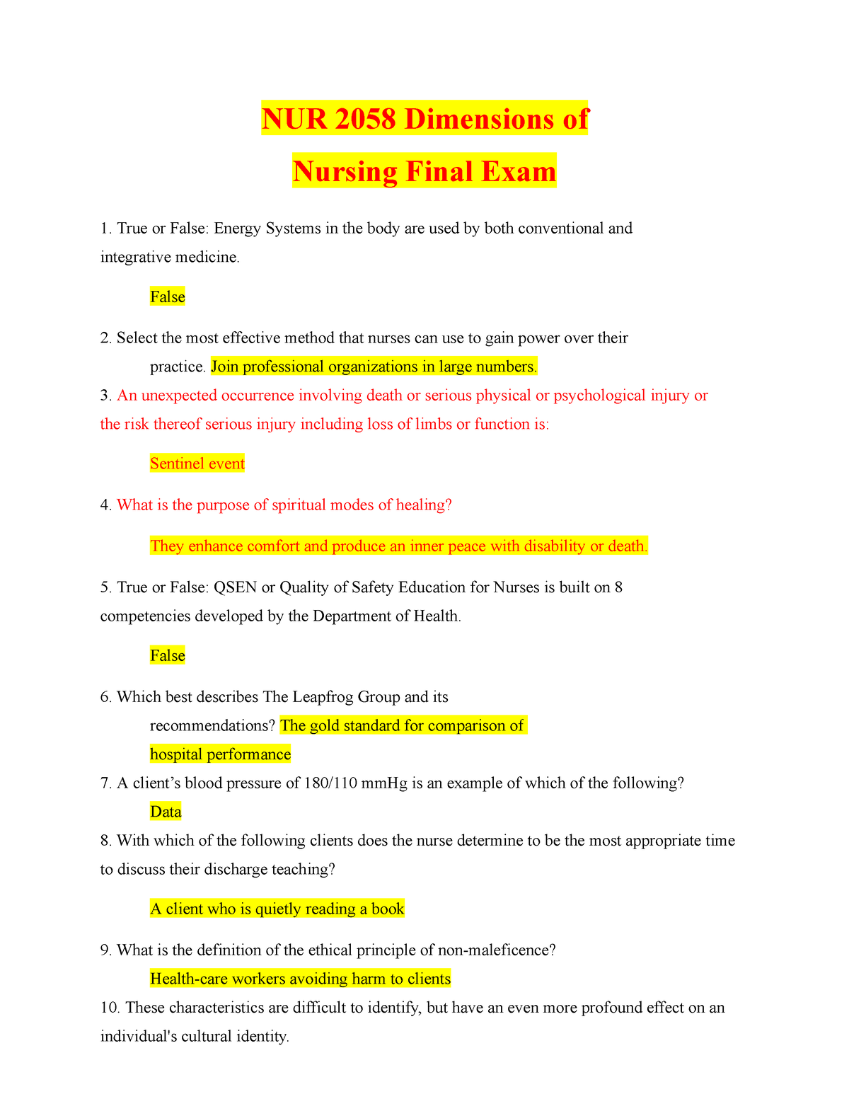 NUR 2058 Dimensions Of Nursing Final Exam - NUR 2058 Dimensions of ...