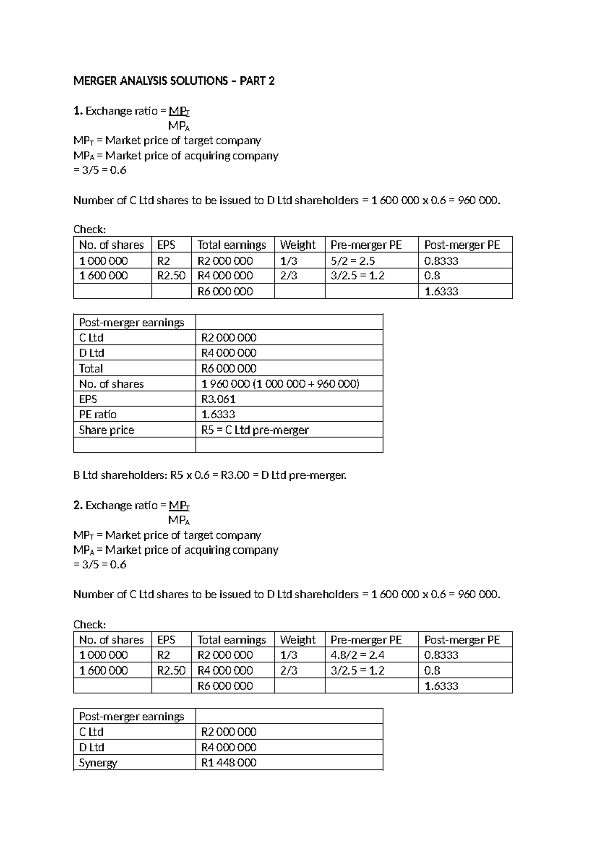 Merger analysis solutions Part 2 - MERGER ANALYSIS SOLUTIONS – PART 2 ...