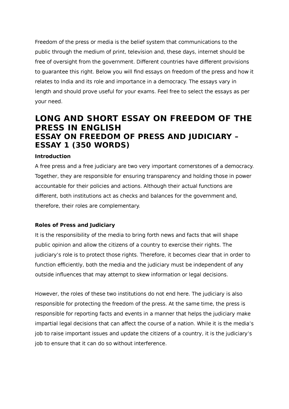 freedom of media essay in english