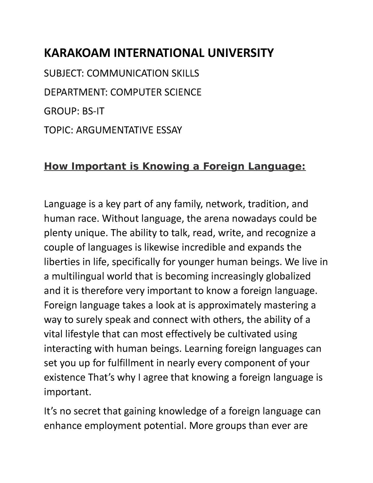 essay about important of foreign language