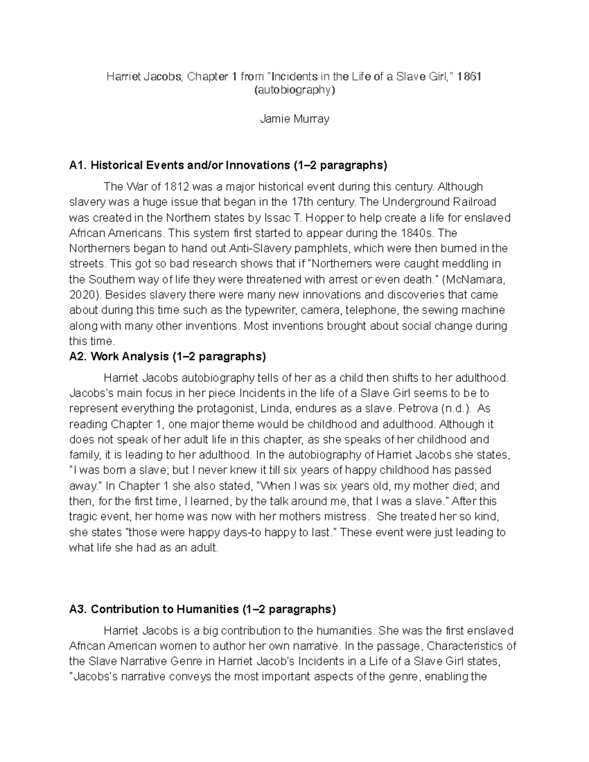 Task template for c100 humanities 2 Harriet Jacobs, Chapter 1 from