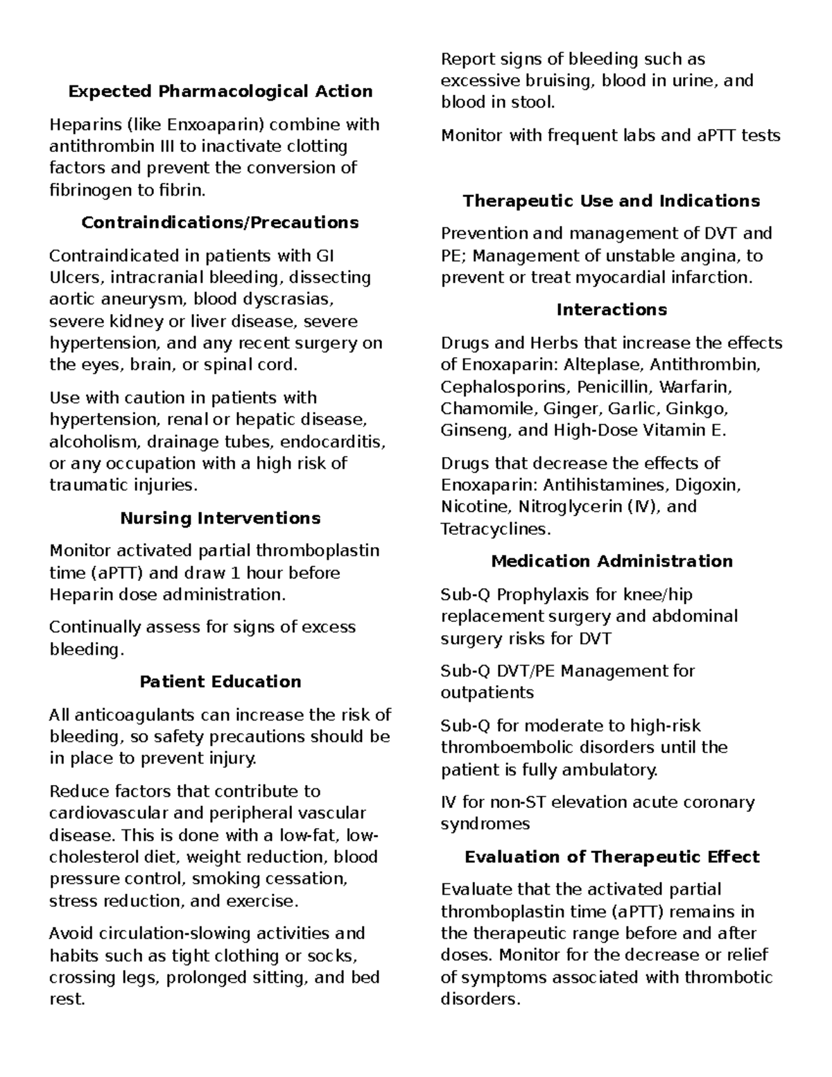 Enoxaparin Drug Summary and Information Expected Pharmacological