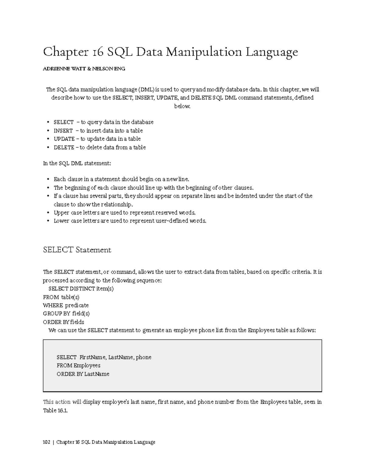 Programming 102-122 - Chapter 16 SQL Data Manipulation Language ...