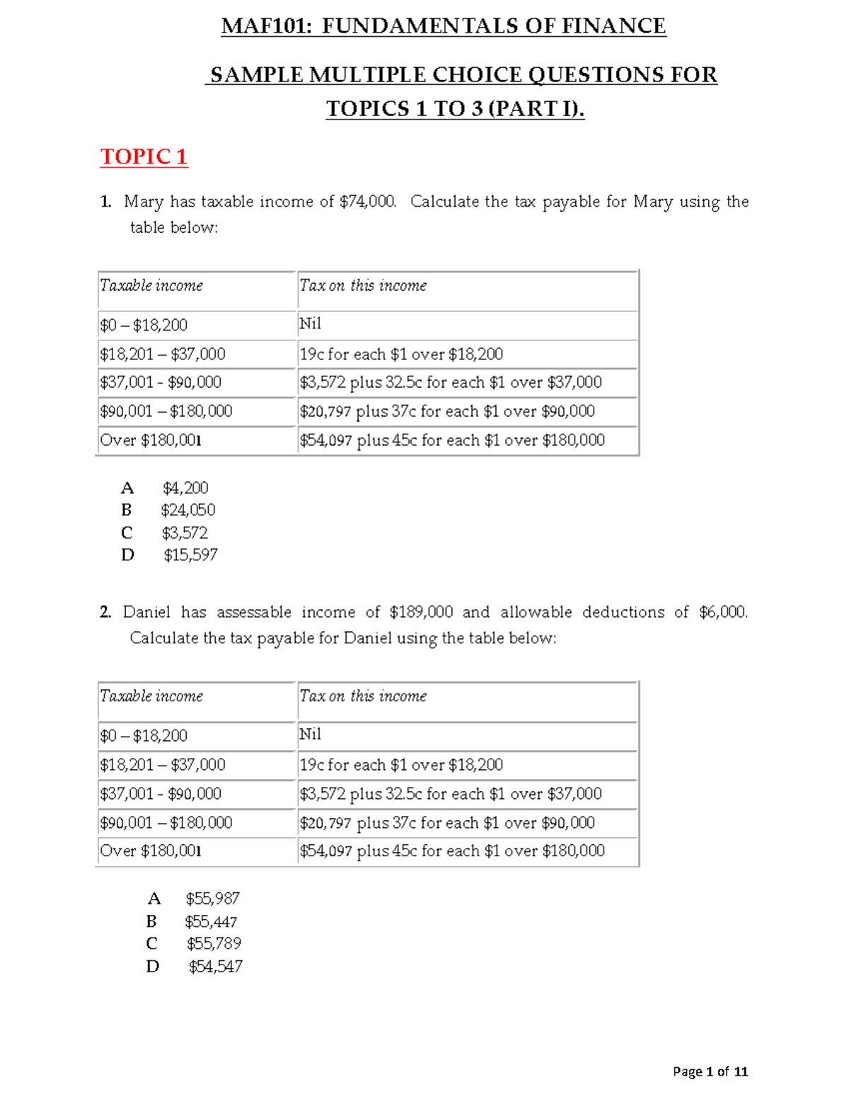 Sample MCQ Topics 1 TO 3 - MAF101: FUNDAMENTALS OF FINANCE SAMPLE ...