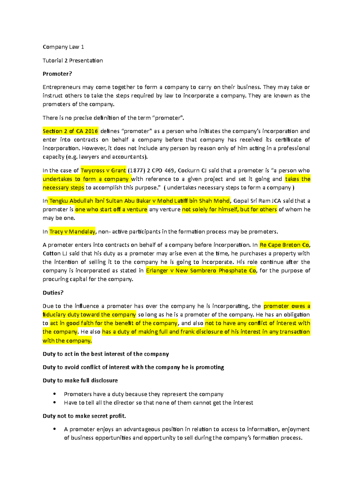 Company Law 1 - Note for Chapter 2 Promoter - Company Law 1 Tutorial 2 ...