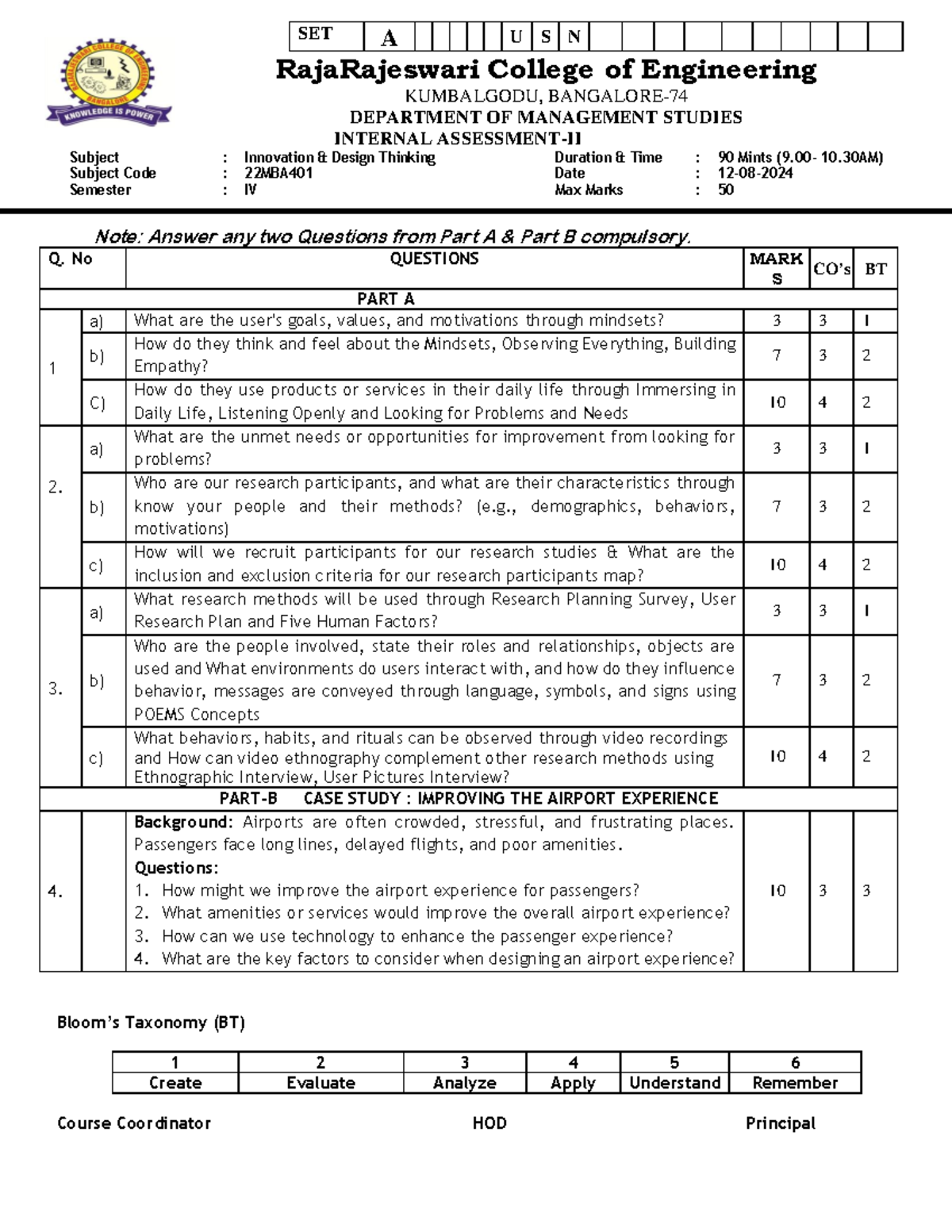 IDT second Internal Question paper - SET A U S N RajaRajeswari College ...