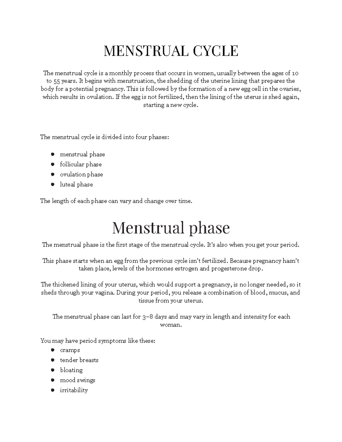Menstrual Cycle - MENSTRUAL CYCLE The menstrual cycle is a monthly ...