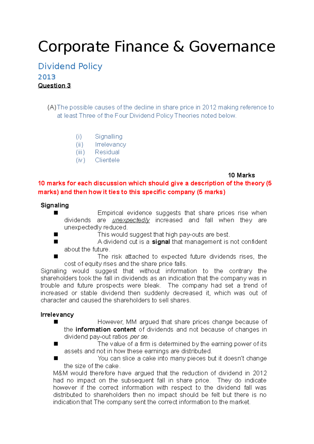 Dividend Policy corporate finance notes Corporate Finance &amp