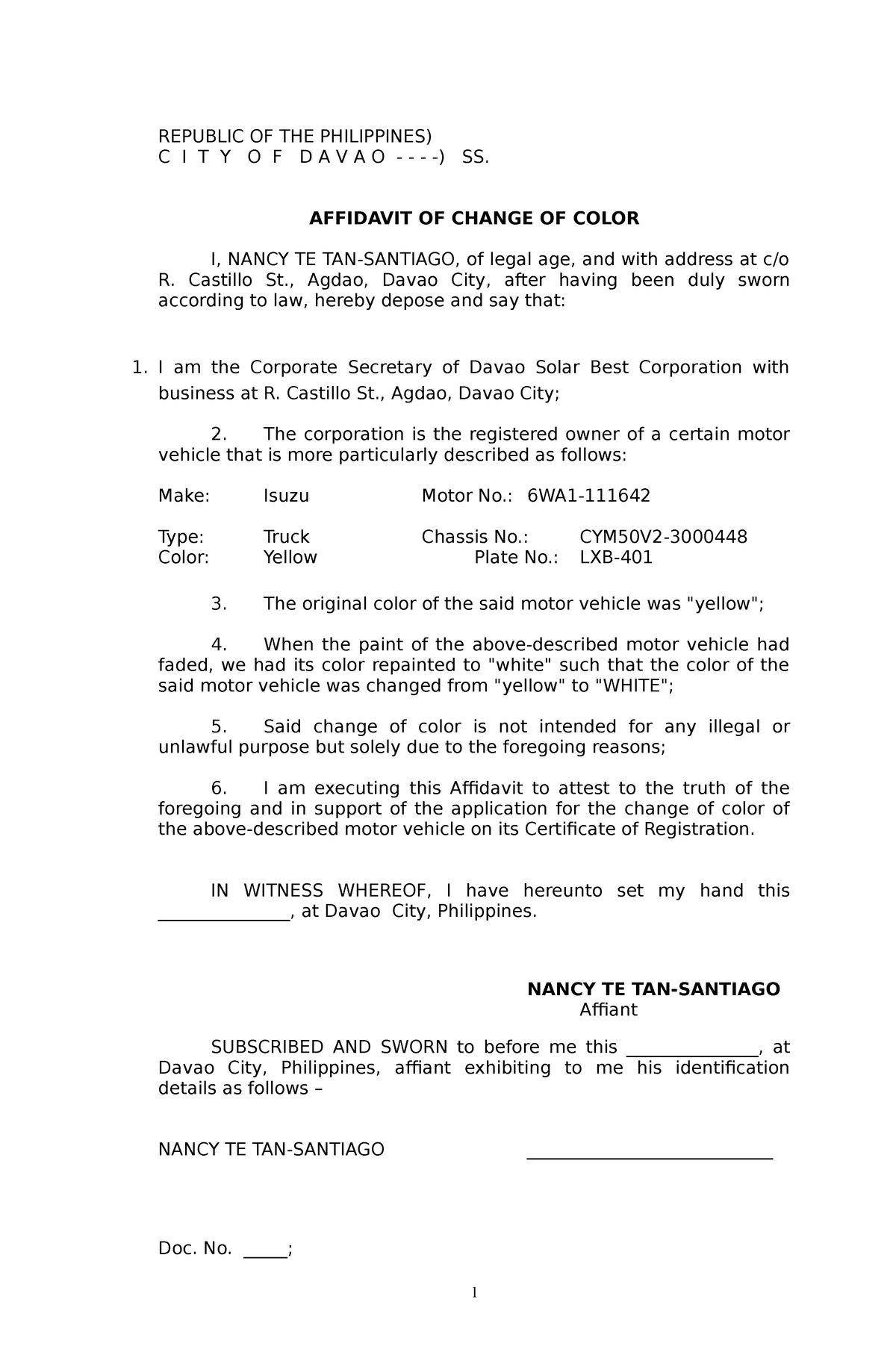 Affidavit of change of color of motorcycle and transfe of ownership