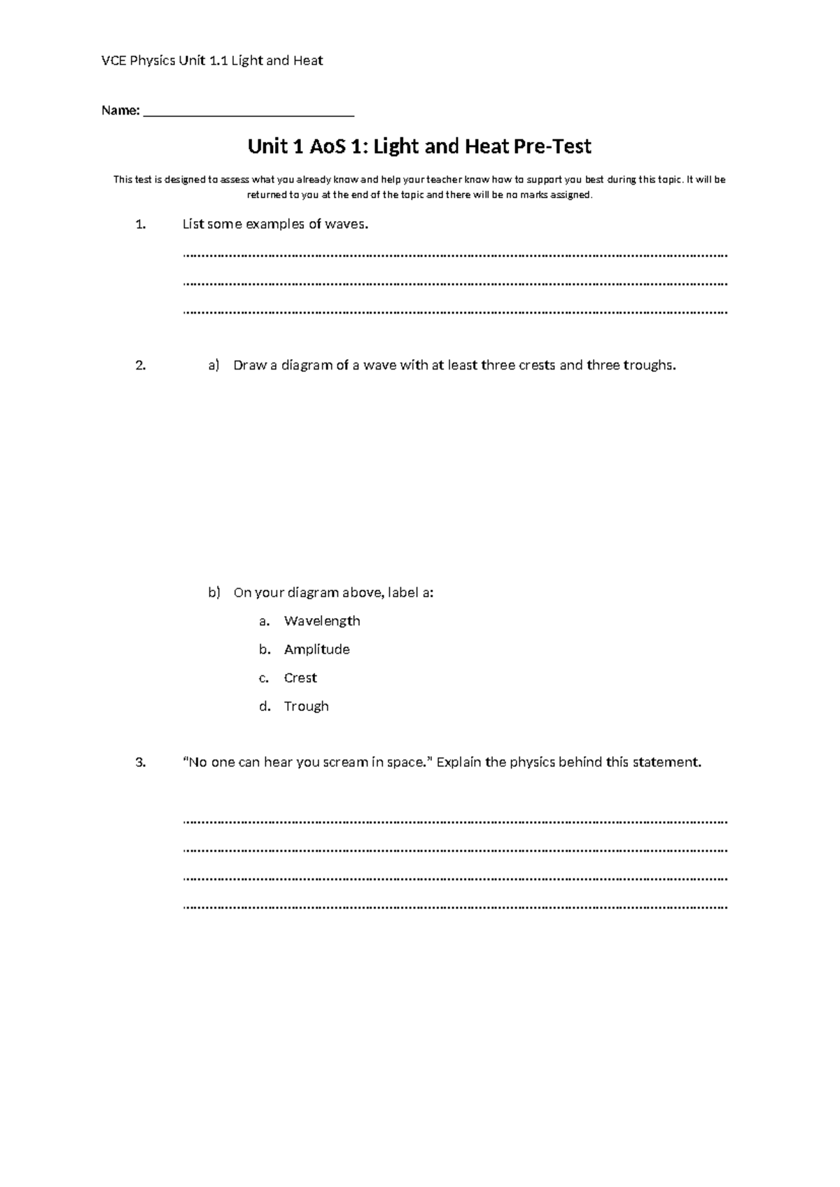 1-1 Light and Heat Pre-test 1 - Name ...